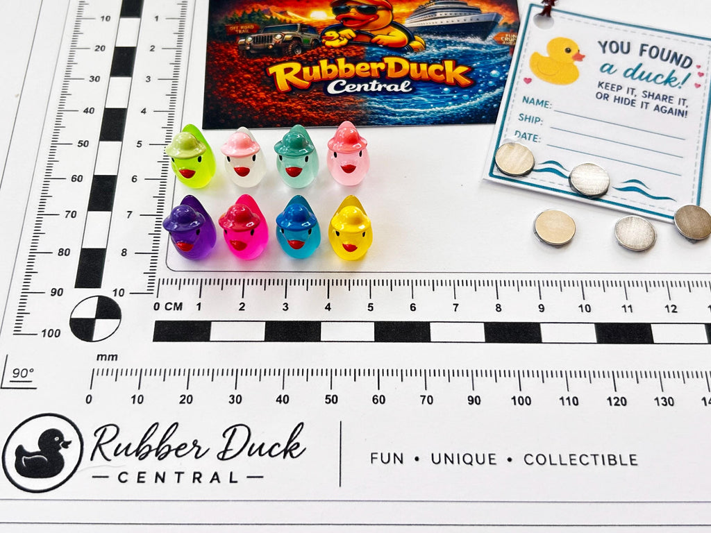 Set of 8, Glow-in-the-Dark Spring Hat Themed Mini Resin Ducks, Magnetic or Non-Magnetic, Optional Personalized Duck Hiding Tags
