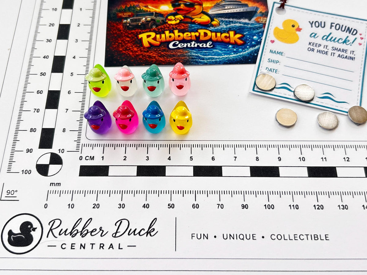 Set of 8, Glow-in-the-Dark Spring Hat Themed Mini Resin Ducks, Magnetic or Non-Magnetic, Optional Personalized Duck Hiding Tags
