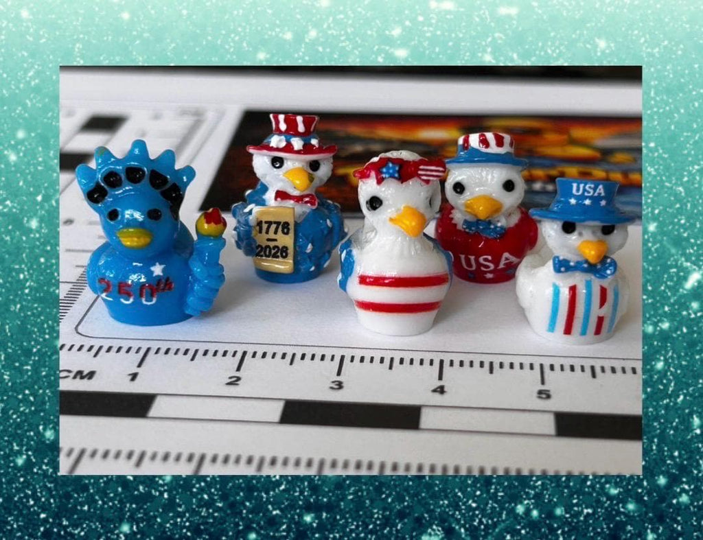 Set of 5, Festive Patriotic Themed Mini Resin Ducks, Magnetic or Non-Magnetic, Optional Personalized Duck Hiding Tags