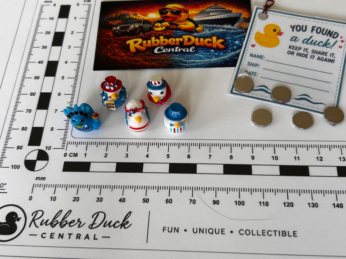 Set of 5, Festive Patriotic Themed Mini Resin Ducks, Magnetic or Non-Magnetic, Optional Personalized Duck Hiding Tags