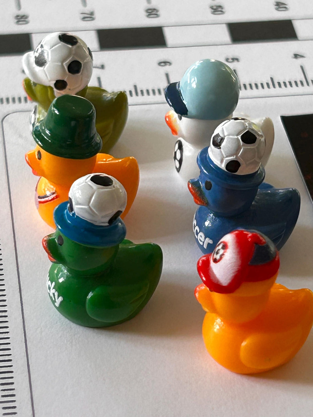 Set of 6, Soccer Player Themed Mini Resin Ducks, Magnetic or Non-Magnetic, Optional Personalized Duck Hiding Tags