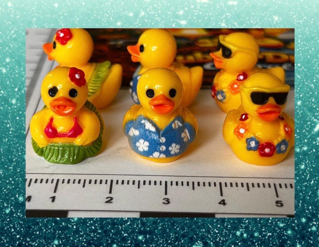 Set of 6, Hawaiian Shirt and Grass Skirt Themed Mini Resin Ducks, Magnetic or Non-Magnetic, Optional Personalized Duck Hiding Tags