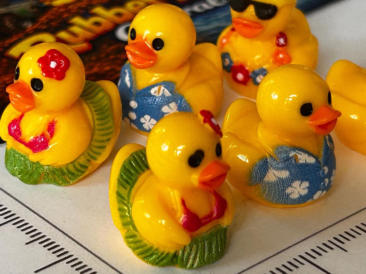 Set of 6, Hawaiian Shirt and Grass Skirt Themed Mini Resin Ducks, Magnetic or Non-Magnetic, Optional Personalized Duck Hiding Tags