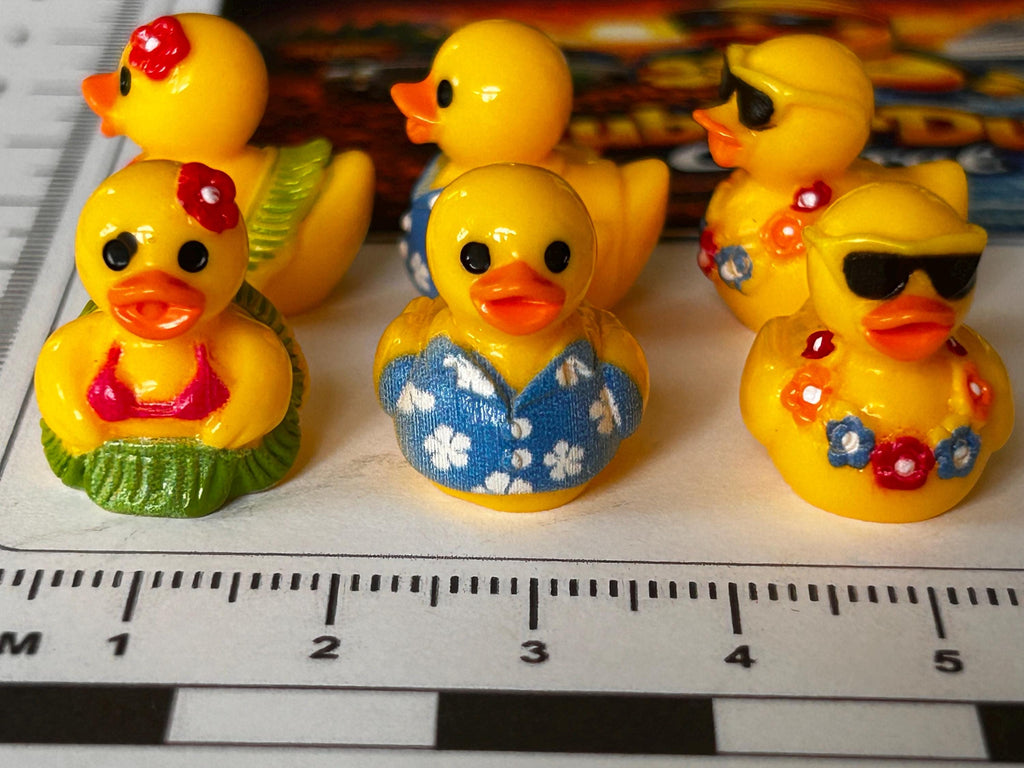 Set of 6, Hawaiian Shirt and Grass Skirt Themed Mini Resin Ducks, Magnetic or Non-Magnetic, Optional Personalized Duck Hiding Tags