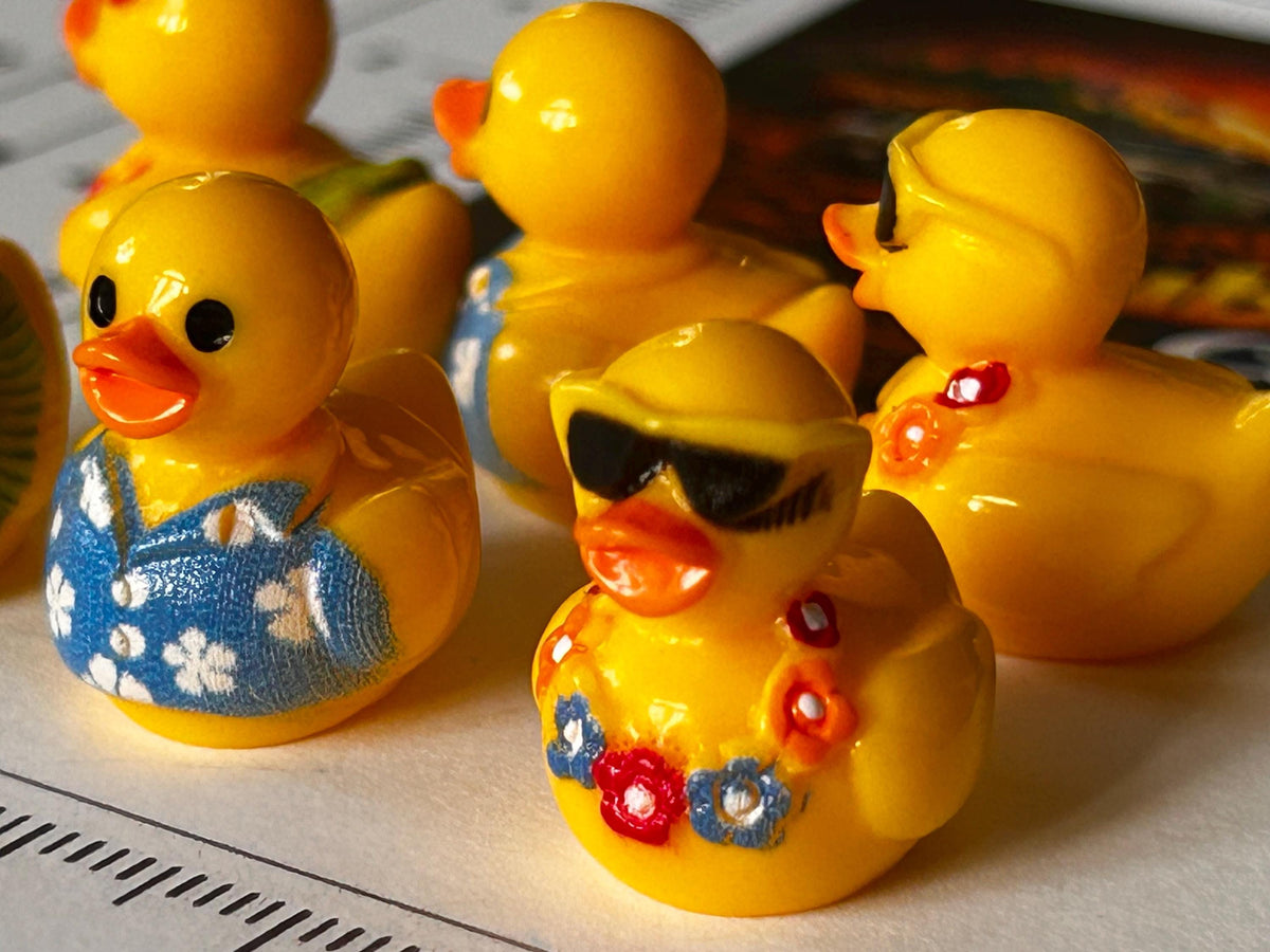 Set of 6, Hawaiian Shirt and Grass Skirt Themed Mini Resin Ducks, Magnetic or Non-Magnetic, Optional Personalized Duck Hiding Tags