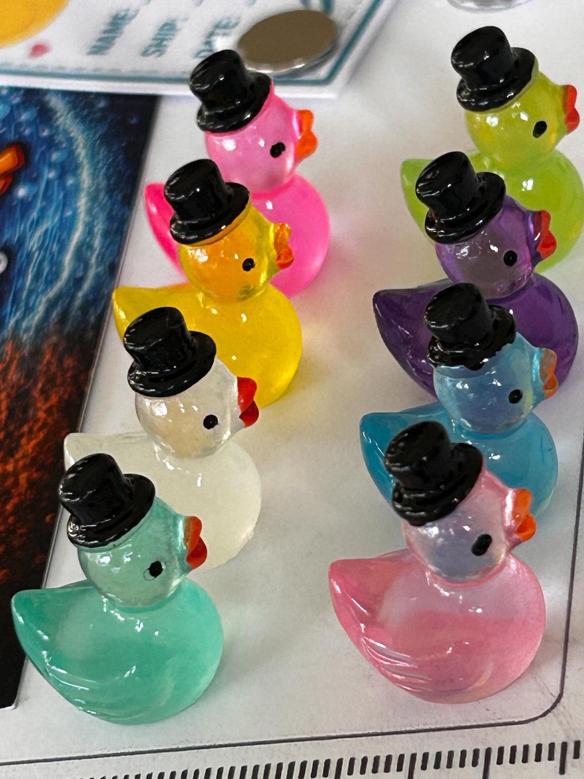 Set of 8, Glow-in-the-Dark Top Hat Themed Mini Resin Ducks, Magnetic or Non-Magnetic, Optional Personalized Duck Hiding Tags