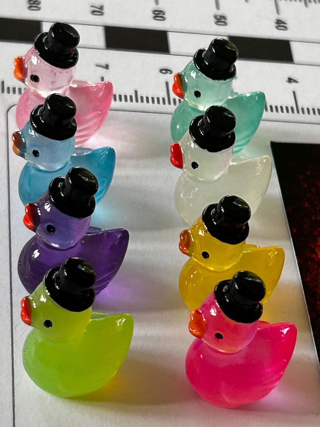 Set of 8, Glow-in-the-Dark Top Hat Themed Mini Resin Ducks, Magnetic or Non-Magnetic, Optional Personalized Duck Hiding Tags