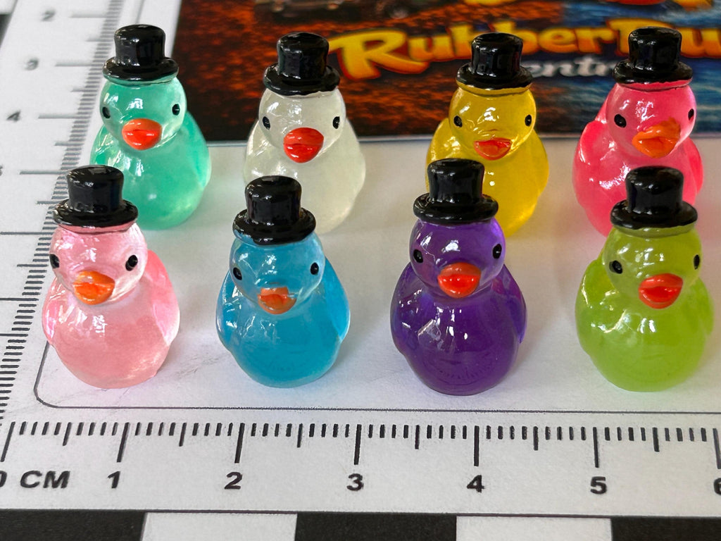 Set of 8, Glow-in-the-Dark Top Hat Themed Mini Resin Ducks, Magnetic or Non-Magnetic, Optional Personalized Duck Hiding Tags