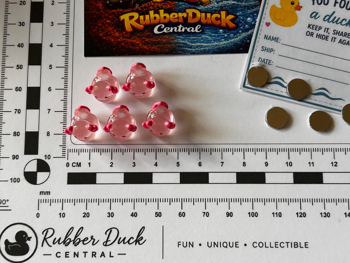 Set of 5, Glow-in-the-Dark Pink Axolotl Themed Mini Resin Ducks, Magnetic or Non-Magnetic, Optional Personalized Duck Hiding Tags