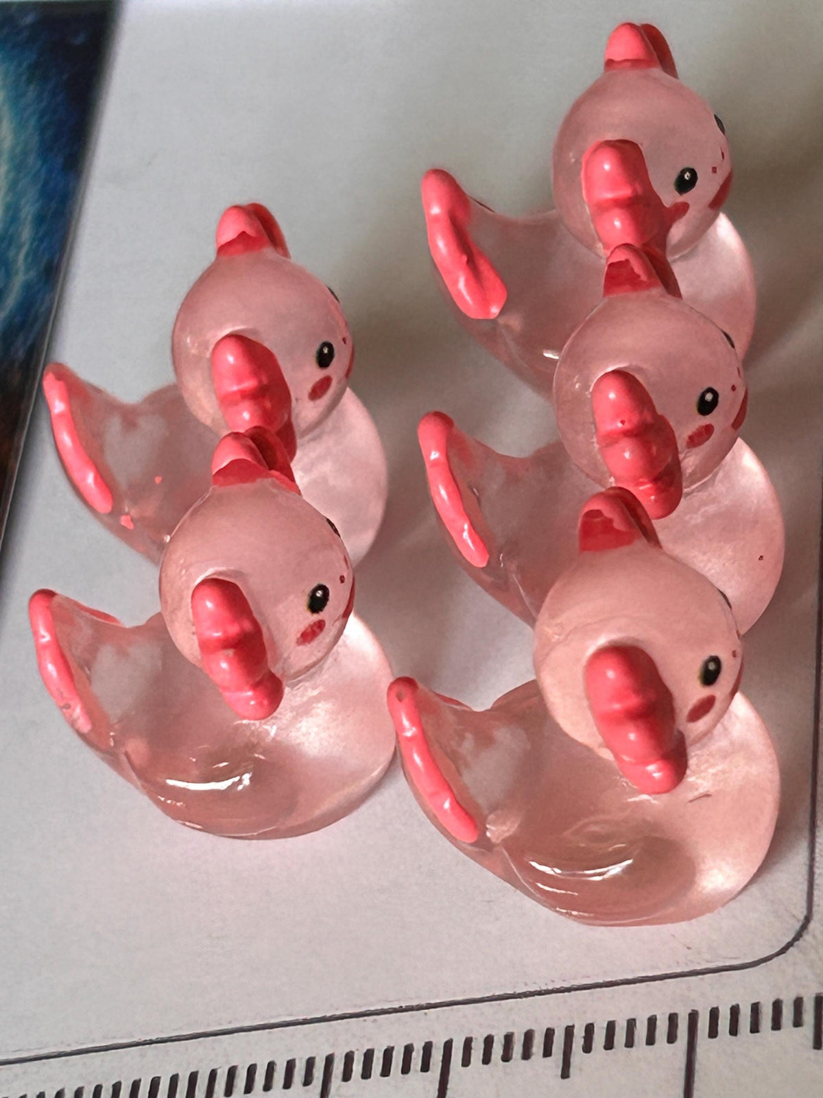Set of 5, Glow-in-the-Dark Pink Axolotl Themed Mini Resin Ducks, Magnetic or Non-Magnetic, Optional Personalized Duck Hiding Tags