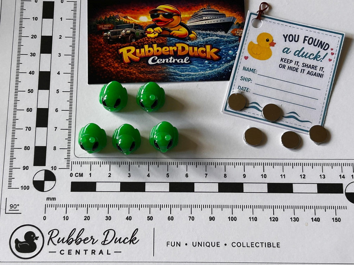 Set of 5, Green Alien Themed Mini Resin Ducks, Magnetic or Non-Magnetic, Optional Personalized Duck Hiding Tags