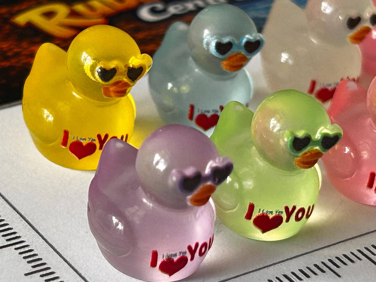 Set of 8, Glow-in-the-Dark “I Love You” Sunglasses Themed Mini Resin Ducks, Magnetic or Non-Magnetic, Optional Personalized Duck Hiding Tags