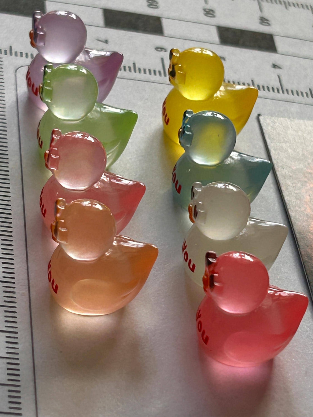 Set of 8, Glow-in-the-Dark “I Love You” Sunglasses Themed Mini Resin Ducks, Magnetic or Non-Magnetic, Optional Personalized Duck Hiding Tags