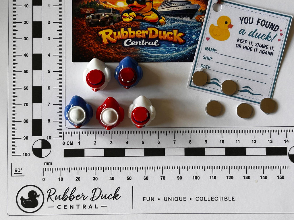 Set of 5, Patriotic 4th of July Themed Mini Resin Ducks, Magnetic or Non-Magnetic, Optional Personalized Duck Hiding Tags