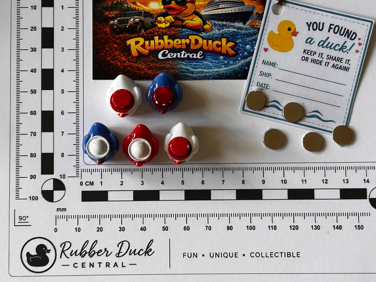 Set of 5, Patriotic 4th of July Themed Mini Resin Ducks, Magnetic or Non-Magnetic, Optional Personalized Duck Hiding Tags