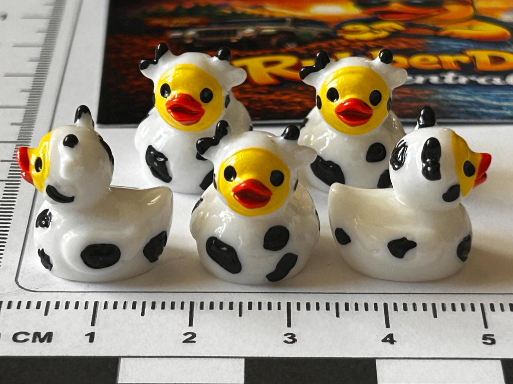 Set of 5, Cow Themed Mini Resin Ducks, Magnetic or Non-Magnetic, Optional Personalized Duck Hiding Tags