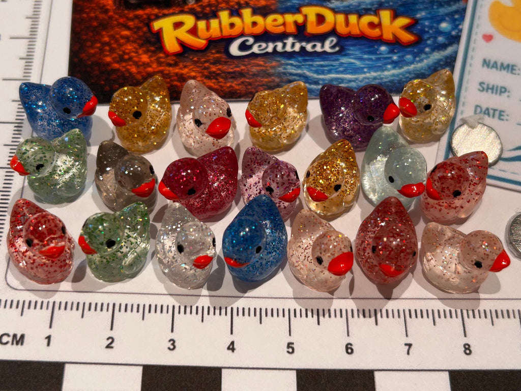 Set of 20, Glitter (assorted colors) Themed Mini Resin Ducks, Magnetic or Non-Magnetic, Optional Personalized Duck Hiding Tags