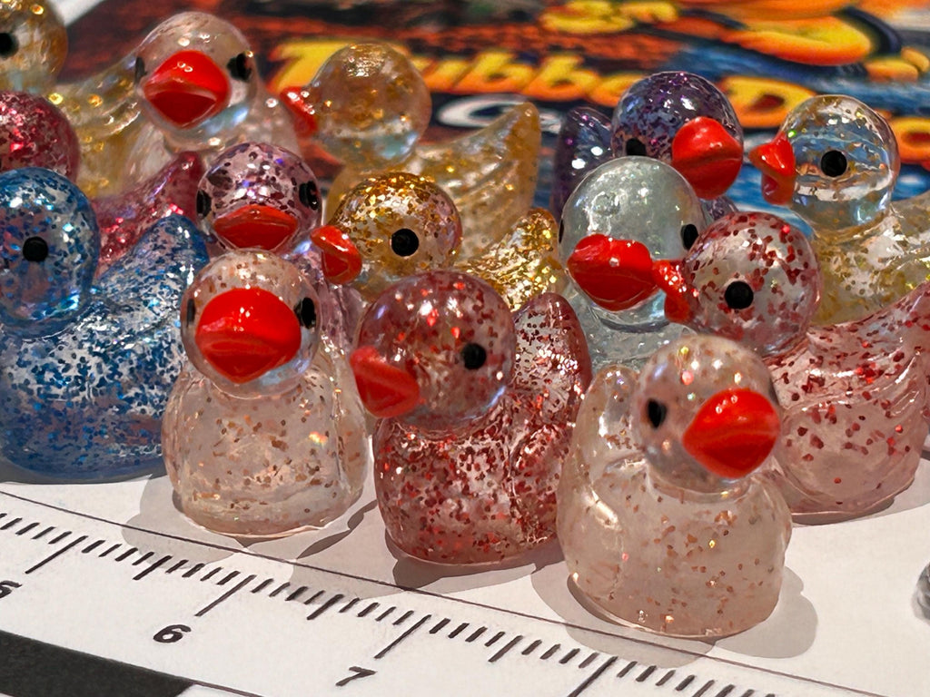 Set of 20, Glitter (assorted colors) Themed Mini Resin Ducks, Magnetic or Non-Magnetic, Optional Personalized Duck Hiding Tags
