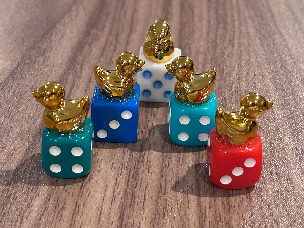 Golden mini resin duck dice set of 5 | lucky gold duck figurines on colorful dice | cruise ducks jeep ducks party favor décor