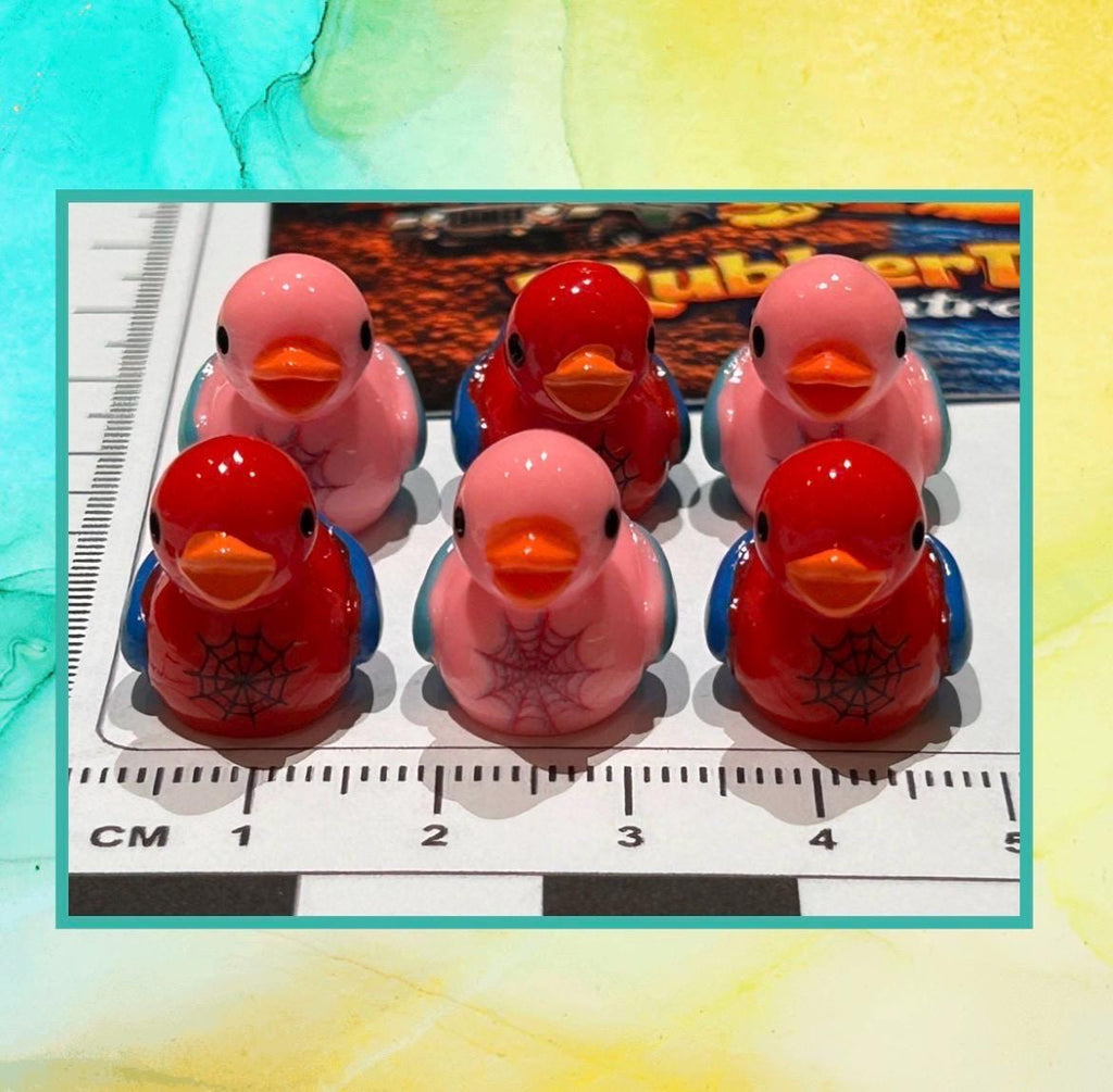 Set of 6, Spider Man and Woman Themed Mini Resin Ducks, Magnetic or Non-Magnetic, Optional Personalized Duck Hiding Tags