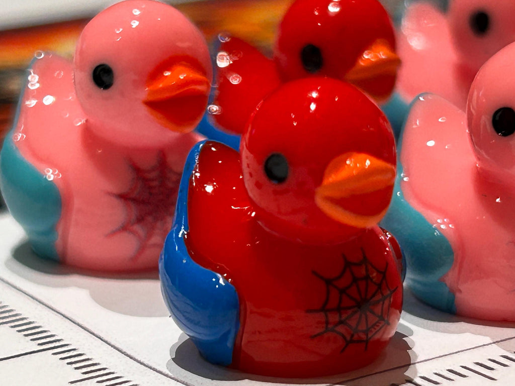 Set of 6, Spider Man and Woman Themed Mini Resin Ducks, Magnetic or Non-Magnetic, Optional Personalized Duck Hiding Tags