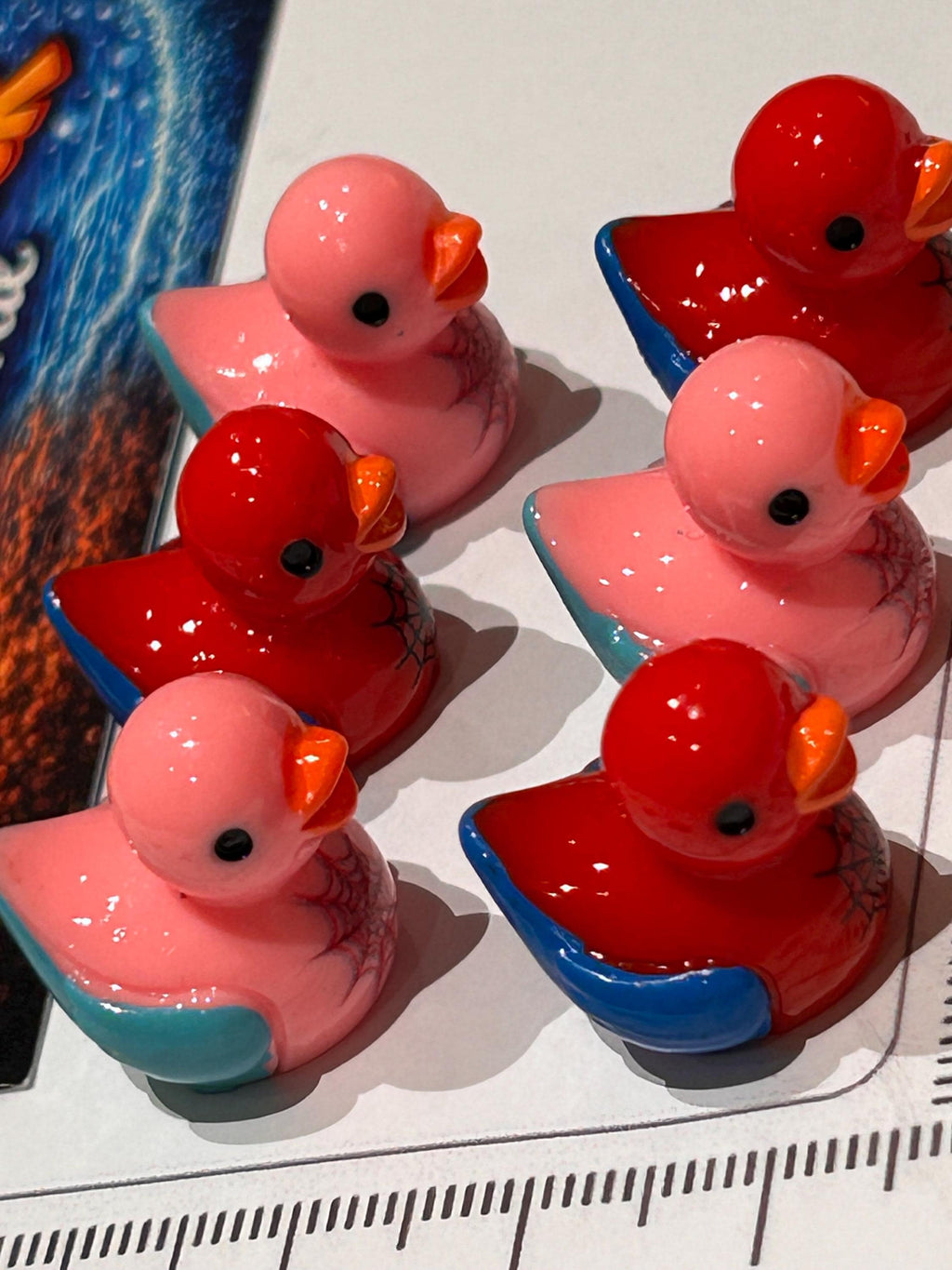 Set of 6, Spider Man and Woman Themed Mini Resin Ducks, Magnetic or Non-Magnetic, Optional Personalized Duck Hiding Tags