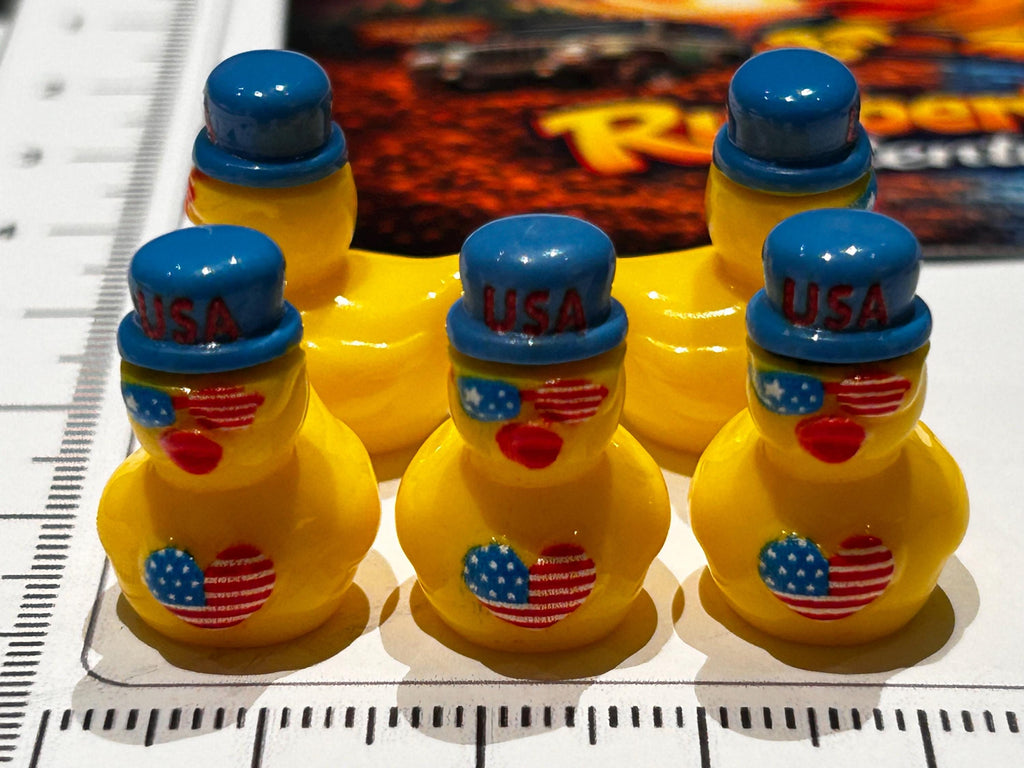 Set of 5, Yellow Patriotic American Flag Themed Mini Resin Ducks, Magnetic or Non-Magnetic, Optional Personalized Duck Hiding Tags