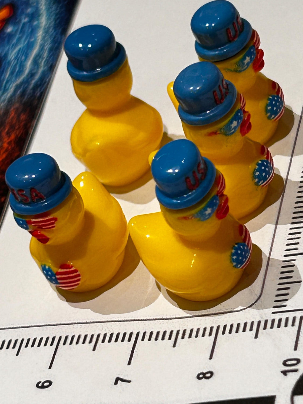 Set of 5, Yellow Patriotic American Flag Themed Mini Resin Ducks, Magnetic or Non-Magnetic, Optional Personalized Duck Hiding Tags