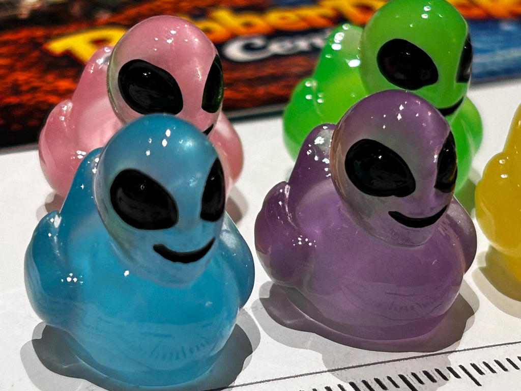 Set of 5, Glow-in-the-Dark Colorful Alien Themed Mini Resin Ducks, Magnetic or Non-Magnetic, Optional Personalized Duck Hiding Tags