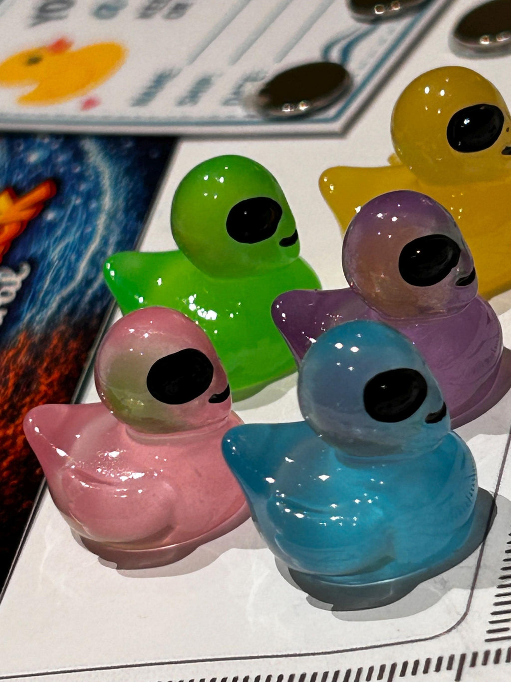 Set of 5, Glow-in-the-Dark Colorful Alien Themed Mini Resin Ducks, Magnetic or Non-Magnetic, Optional Personalized Duck Hiding Tags