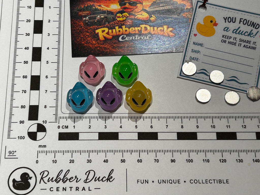 Set of 5, Glow-in-the-Dark Colorful Alien Themed Mini Resin Ducks, Magnetic or Non-Magnetic, Optional Personalized Duck Hiding Tags