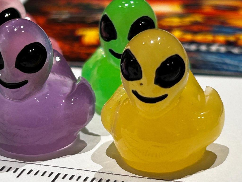 Set of 5, Glow-in-the-Dark Colorful Alien Themed Mini Resin Ducks, Magnetic or Non-Magnetic, Optional Personalized Duck Hiding Tags