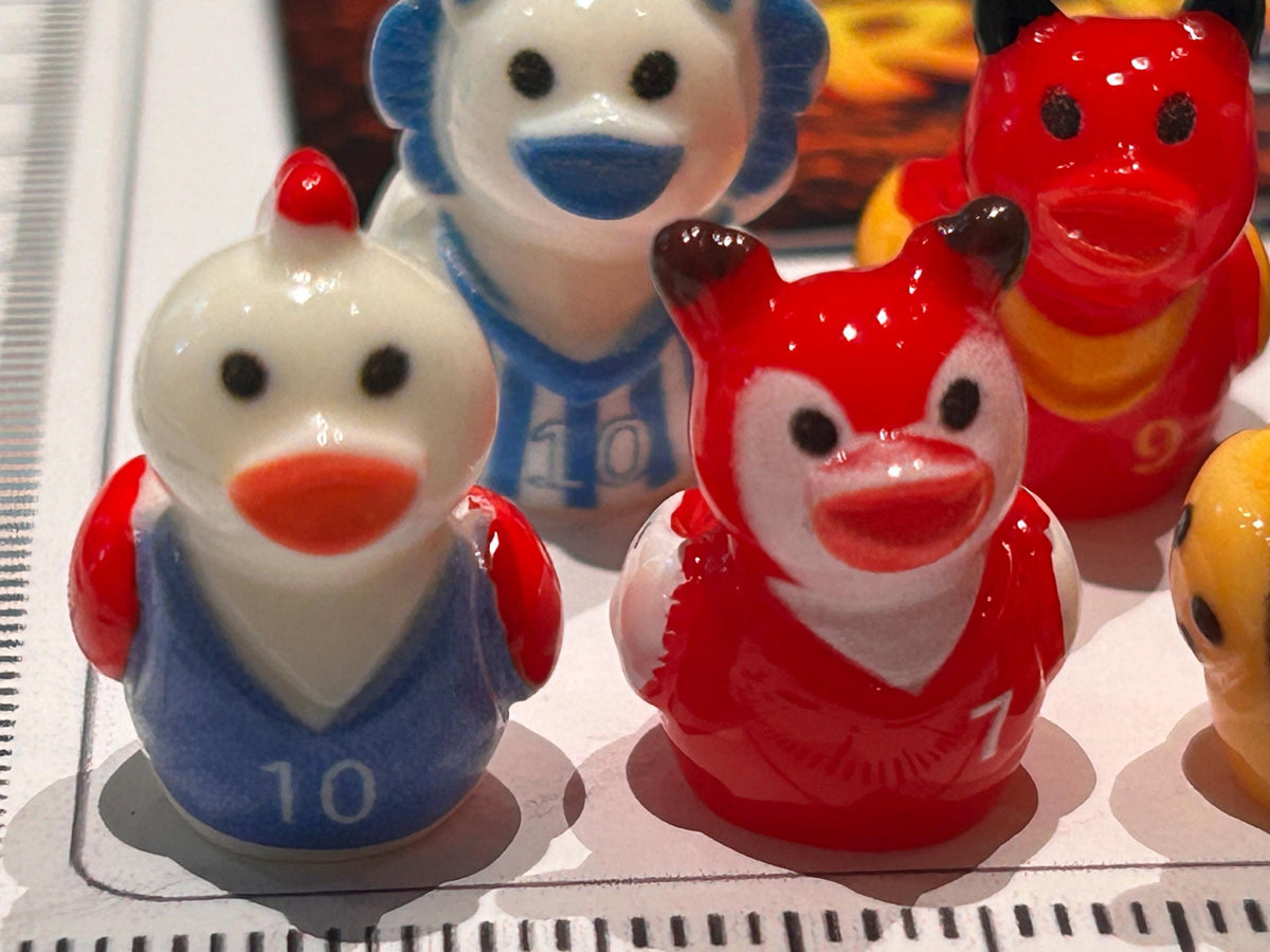 Set of 6, Animal Mascot Soccer Themed Mini Resin Ducks, Magnetic or Non-Magnetic, Optional Personalized Duck Hiding Tags