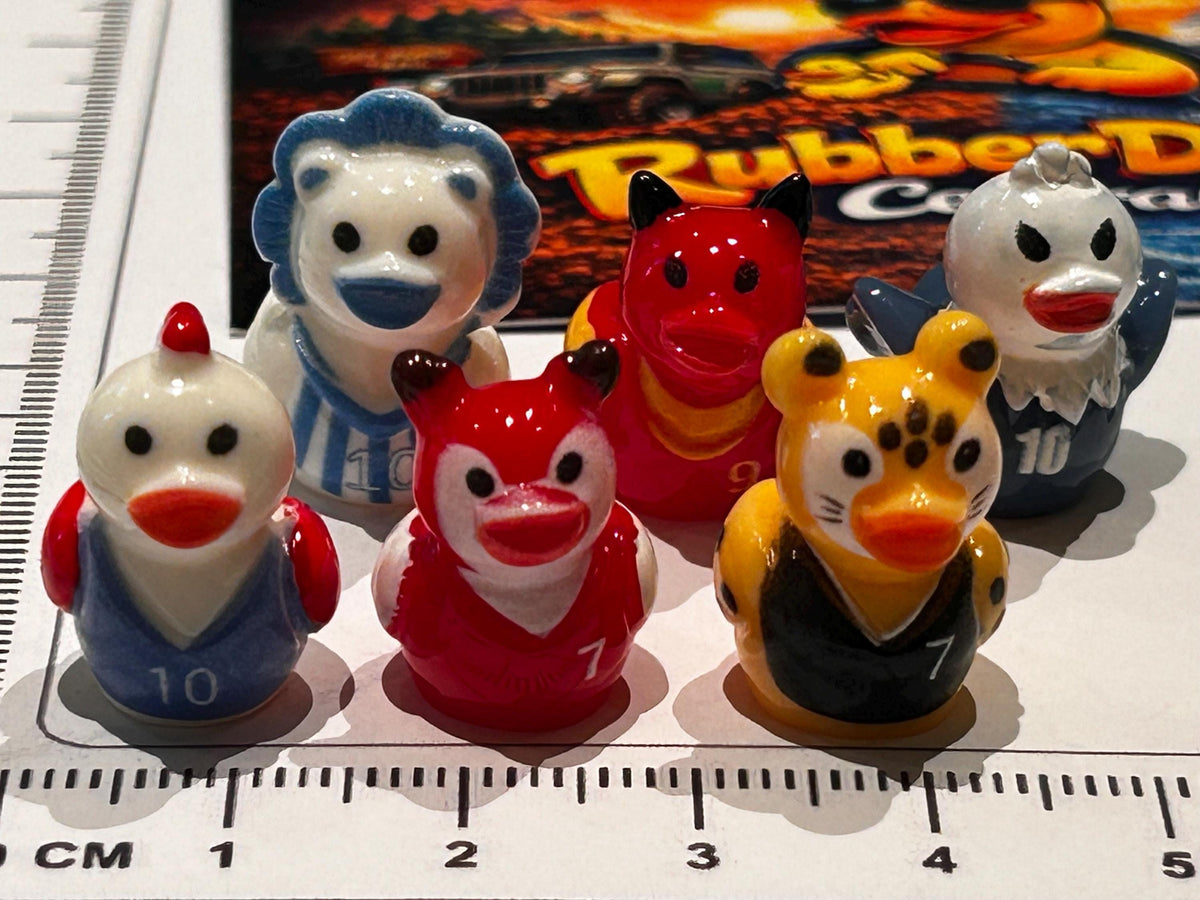 Set of 6, Animal Mascot Soccer Themed Mini Resin Ducks, Magnetic or Non-Magnetic, Optional Personalized Duck Hiding Tags