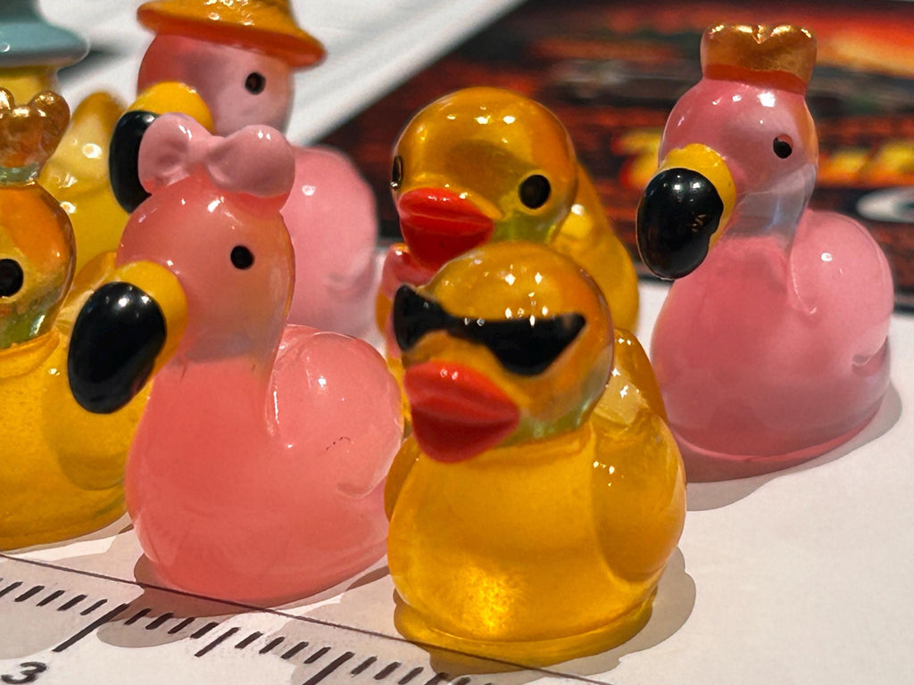 Set of 8, Glow-in-the-Dark Flamingos and Ducks Themed Mini Resin Ducks, Magnetic or Non-Magnetic, Optional Personalized Duck Hiding Tags