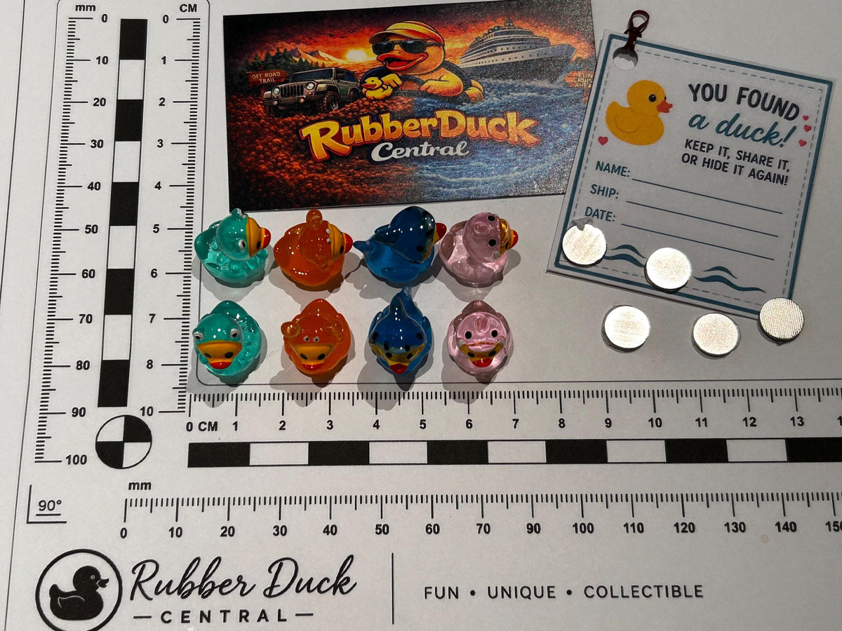 Set of 8, Glow-in-the-Dark Ocean Marine Sea Life Themed Mini Resin Ducks, Magnetic or Non-Magnetic, Optional Personalized Duck Hiding Tags