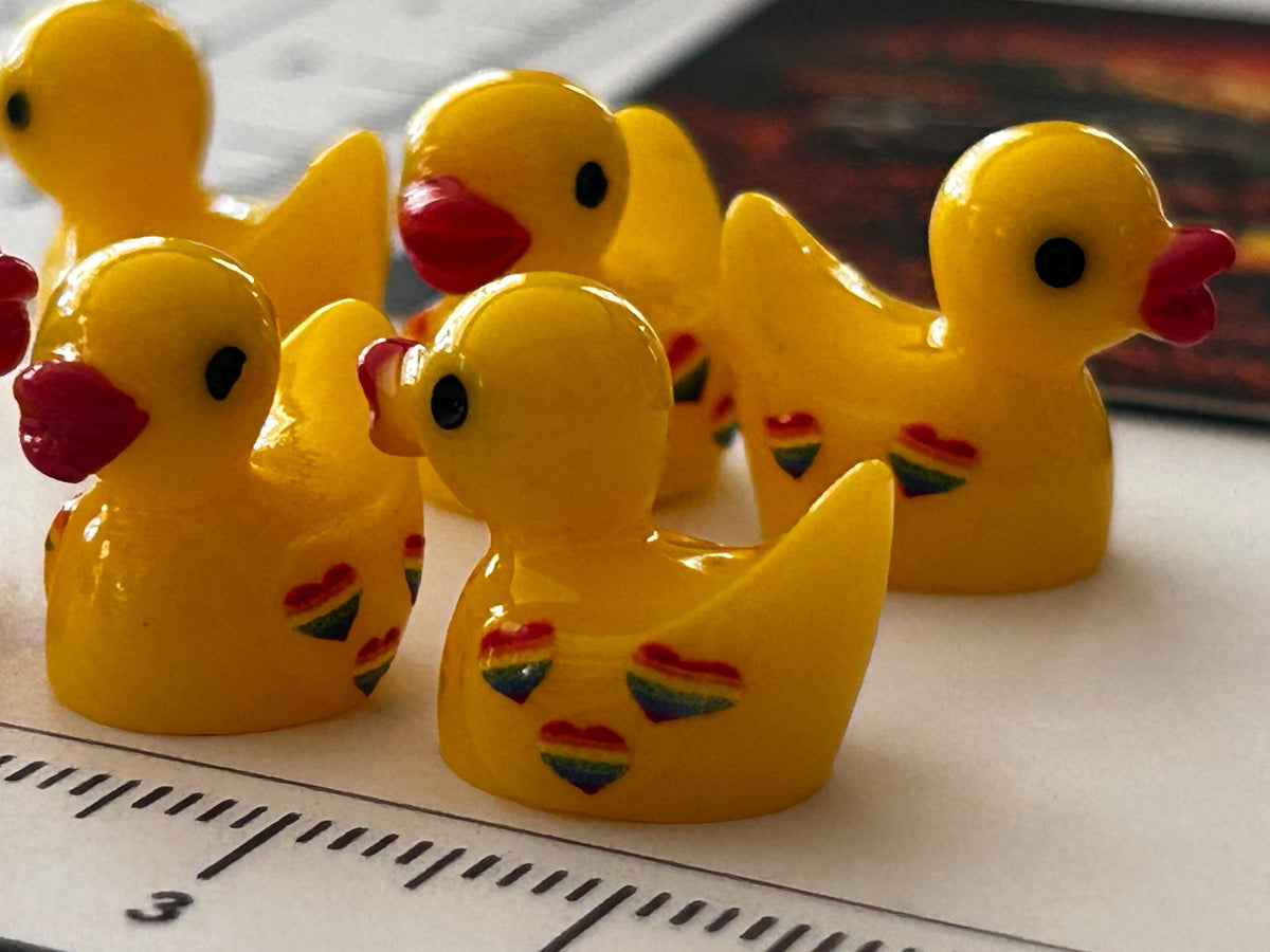 Set of 6, Rainbow Hearts Themed Mini Resin Ducks, Magnetic or Non-Magnetic, Optional Personalized Duck Hiding Tags