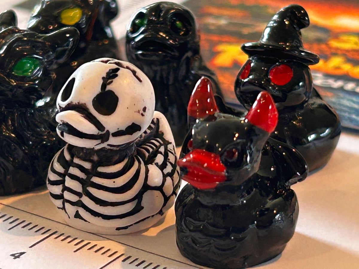 Set of 7, Spooky Halloween (Set 3) Themed Mini Resin Ducks, Magnetic or Non-Magnetic, Optional Personalized Duck Hiding Tags