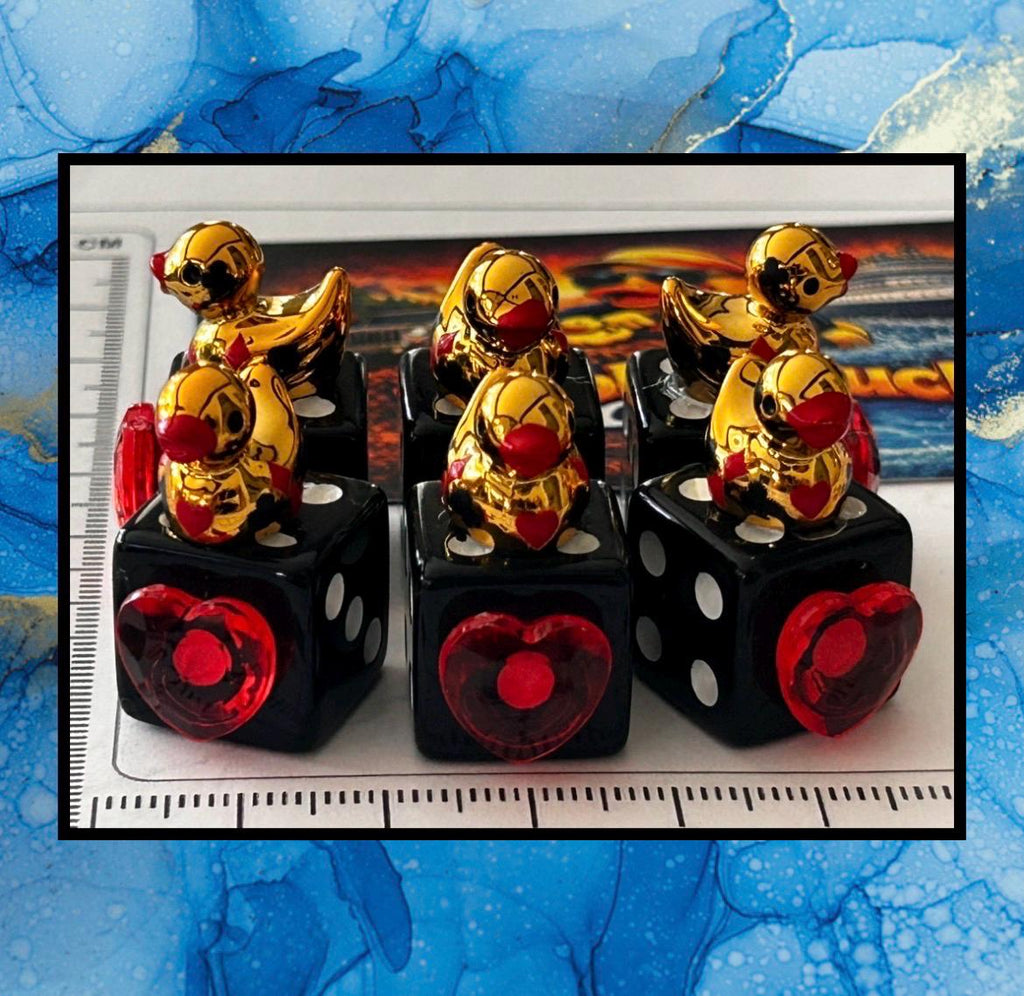 Set of 6 Gold Casino Mini Resin Ducks on Black Dice with Red Hearts – Handmade Decorative Duck Collectibles – Casino Decor