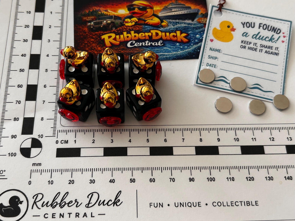 Set of 6 Gold Casino Mini Resin Ducks on Black Dice with Red Hearts – Handmade Decorative Duck Collectibles – Casino Decor