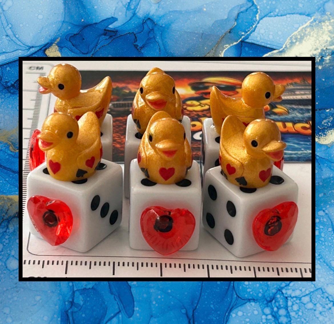 Set of 6 Gold Casino Mini Resin Ducks on White Dice with Red Hearts – Handmade Decorative Duck Collectibles – Casino Decor