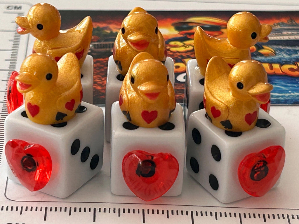 Set of 6 Gold Casino Mini Resin Ducks on White Dice with Red Hearts – Handmade Decorative Duck Collectibles – Casino Decor