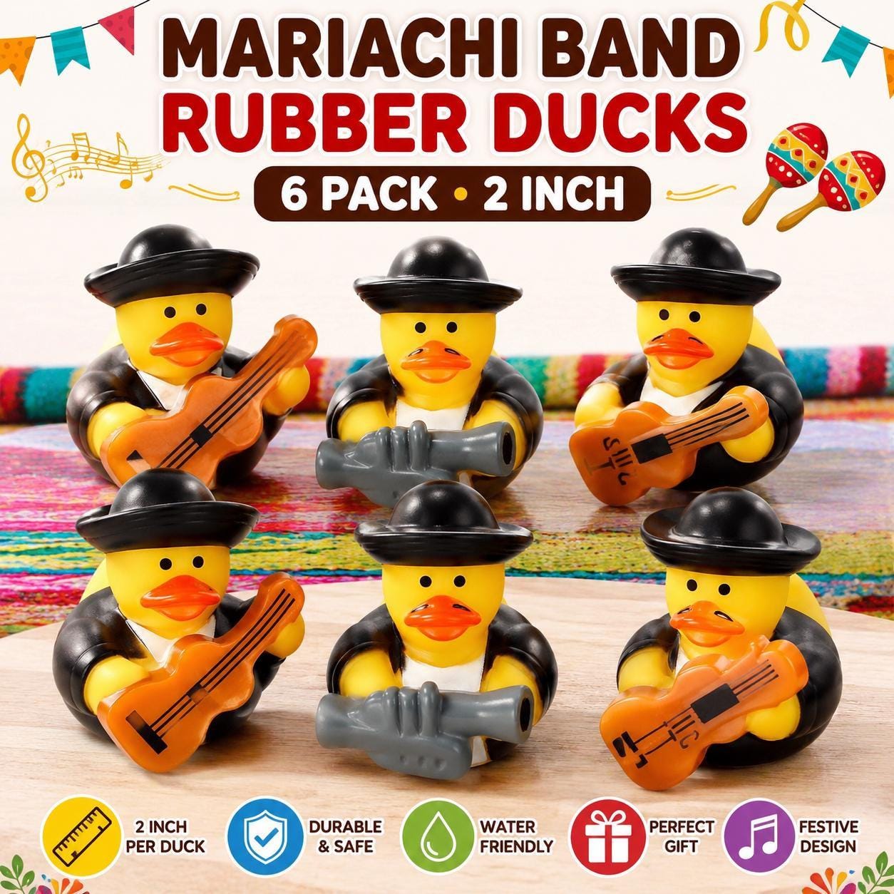 2 inch - 6pc mariachi band rubber ducks – 2” fiesta duck set
