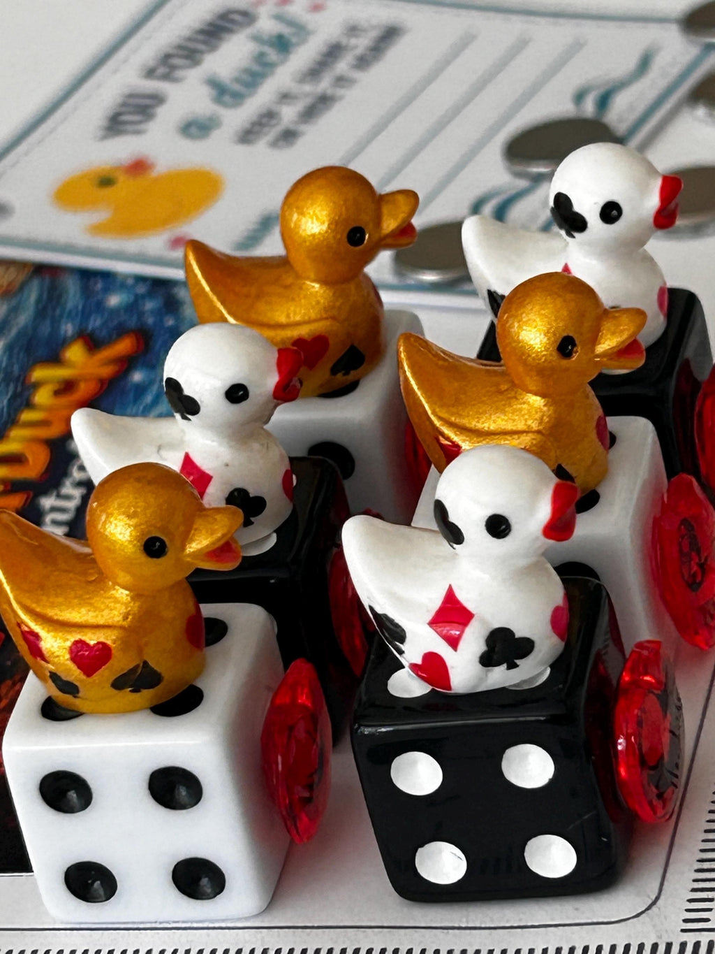 Set of 6 Mixed Casino Mini Resin Ducks on Mixed Dice with Red Hearts – Handmade Decorative Duck Collectibles – Casino Decor