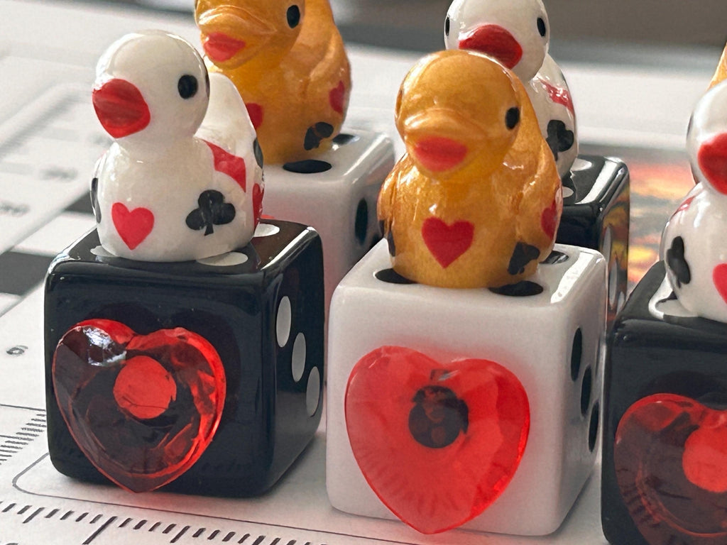 Set of 6 Mixed Casino Mini Resin Ducks on Mixed Dice with Red Hearts – Handmade Decorative Duck Collectibles – Casino Decor