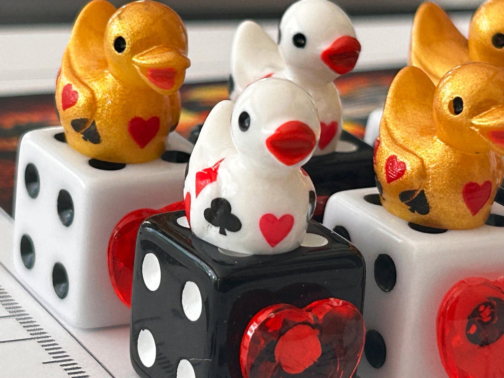 Set of 6 Mixed Casino Mini Resin Ducks on Mixed Dice with Red Hearts – Handmade Decorative Duck Collectibles – Casino Decor