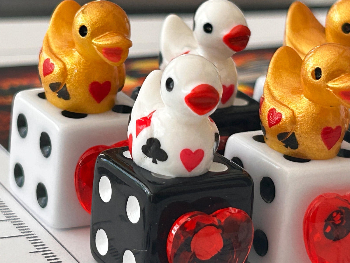 Set of 6 Mixed Casino Mini Resin Ducks on Mixed Dice with Red Hearts – Handmade Decorative Duck Collectibles – Casino Decor