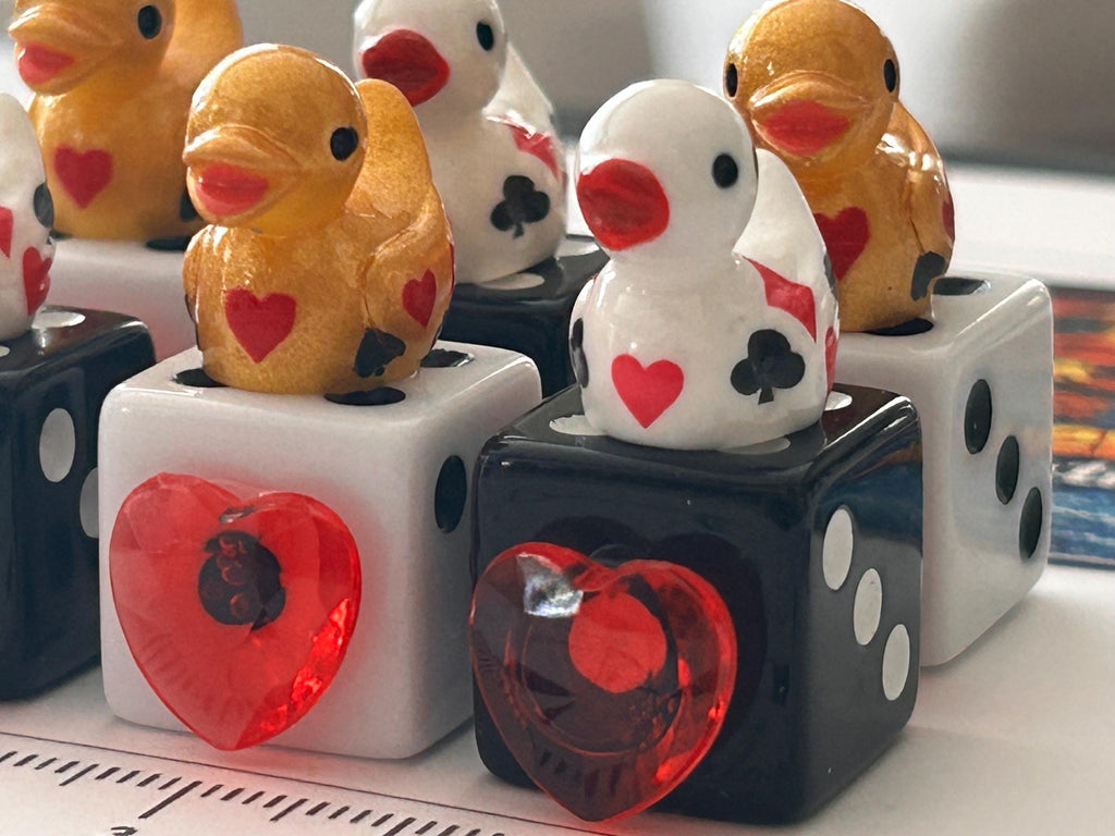 Set of 6 Mixed Casino Mini Resin Ducks on Mixed Dice with Red Hearts – Handmade Decorative Duck Collectibles – Casino Decor