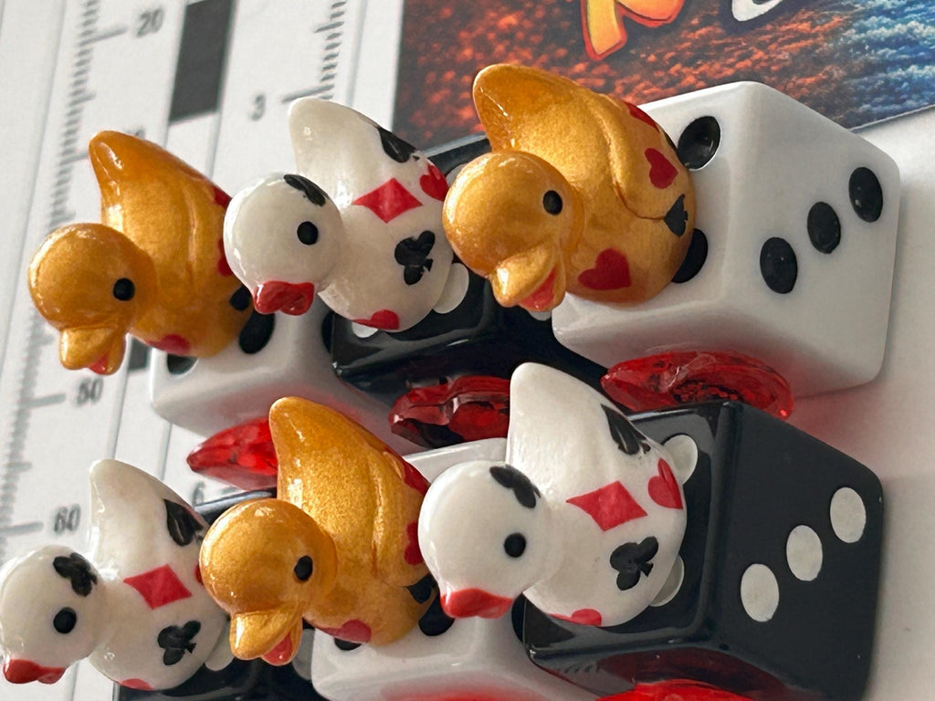 Set of 6 Mixed Casino Mini Resin Ducks on Mixed Dice with Red Hearts – Handmade Decorative Duck Collectibles – Casino Decor
