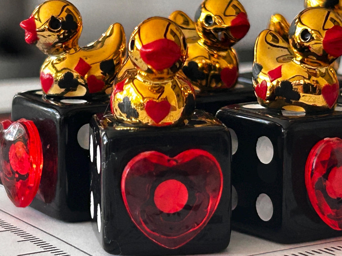 Set of 6 Gold Casino Mini Resin Ducks on Black Dice with Red Hearts – Handmade Decorative Duck Collectibles – Casino Decor